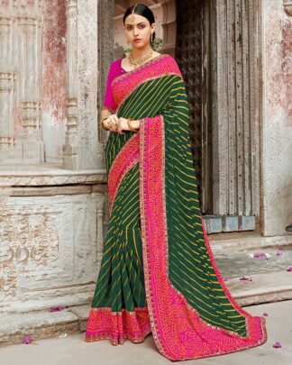 Bandhani With Heavy Border Georgette Green And Pink Bandhej Saree