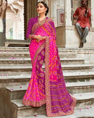 Bandhani With Heavy Border Georgette Pink Bandhej Saree