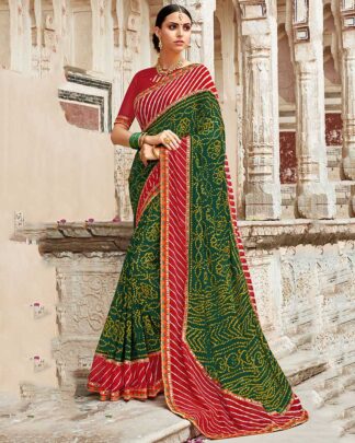 Bandhani With Heavy Border Georgette Green And Red Bandhej Saree