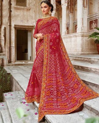 Bandhani With Heavy Border Georgette Maroon Bandhej Saree