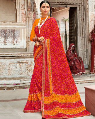 Bandhani With Heavy Border Georgette Red And Yellow Bandhej Saree