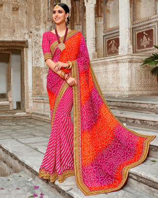 Bandhani With Heavy Border Georgette Multicolor Bandhej Saree