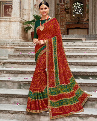 Bandhani With Heavy Border Georgette Maroon And Green Bandhej Saree