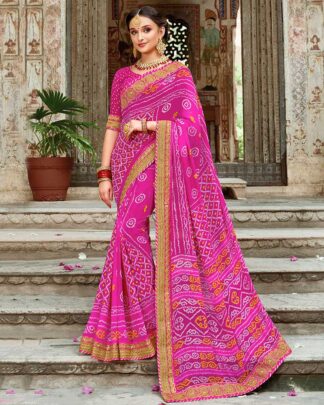 Bandhani With Heavy Border Georgette Magenta Bandhej Saree