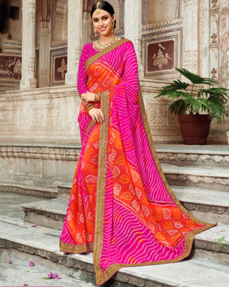 Bandhani With Heavy Border Georgette Multicolor Bandhej Saree