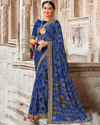 Bandhani With Heavy Border Georgette Blue Bandhej Saree