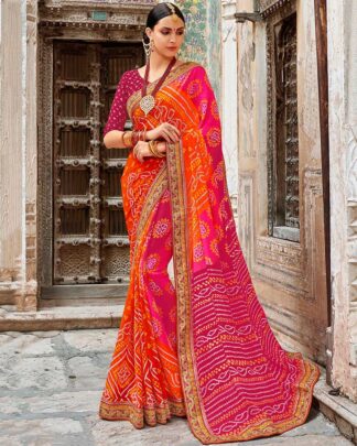 Bandhani With Heavy Border Georgette Multicolor Bandhej Saree