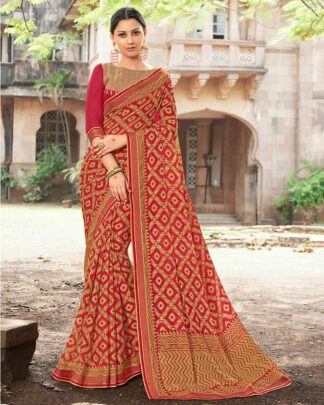 Red Brasso Saree With Designer Raw Silk Blouse