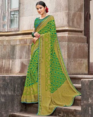 Green Brasso Saree With Designer Raw Silk Blouse