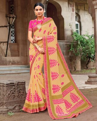 Beige And Pink Brasso Saree With Designer Raw Silk Blouse