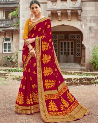 Maroon And Yellow Brasso Saree With Designer Raw Silk Blouse