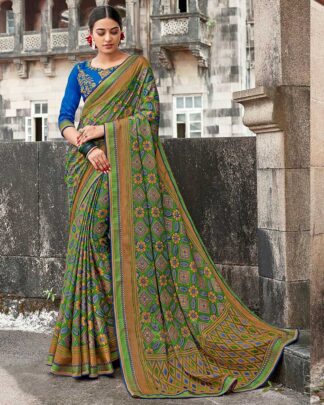 Multicolor Brasso Saree With Designer Raw Silk Blouse