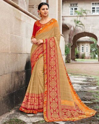 Beige Brasso Saree With Designer Raw Silk Blouse