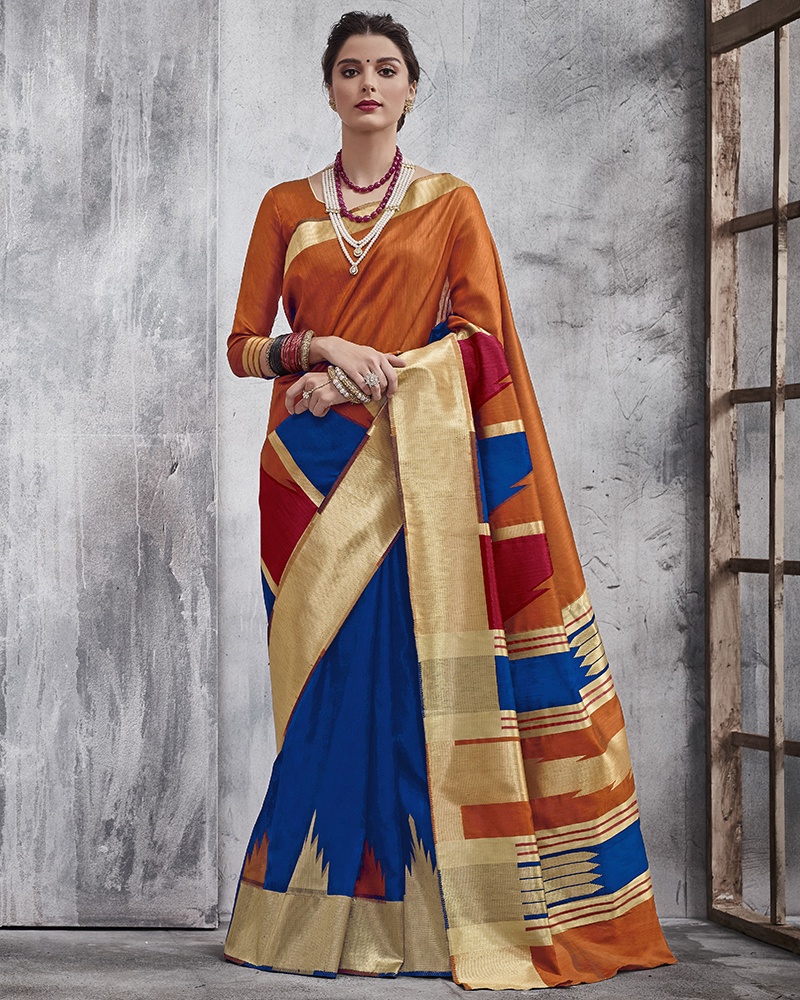 Mustard And Blue Party And Reception Khadi Silk Saree