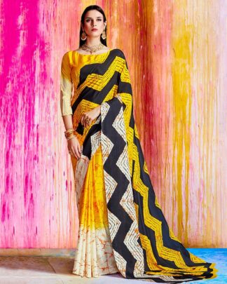 Yellow And Black Party And Reception Crepe Silk Saree
