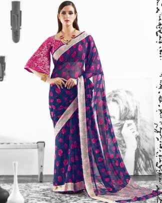 Blue And Pink Party And Reception Moss Georgette Saree