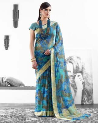 Blue And Green Party And Reception Moss Georgette Saree