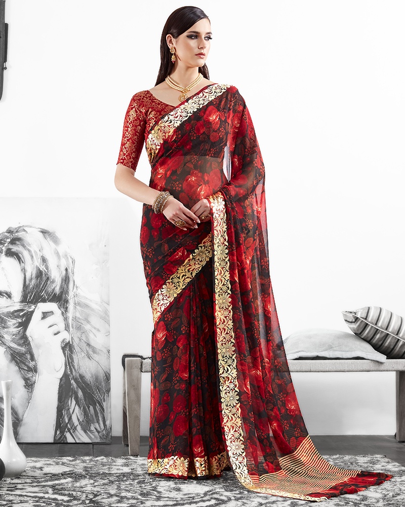 Black And Red Party And Reception Moss Georgette Saree