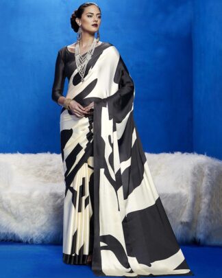White And Black Printed Japan Satin Crepe Saree