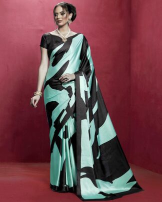 Green And Black Printed Japan Satin Crepe Saree