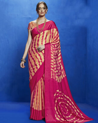 Yellow And Pink Printed Japan Satin Crepe Saree