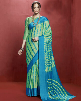 Green And Blue Printed Japan Satin Crepe Saree
