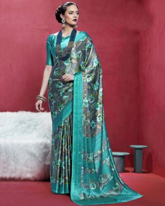 Multicolor Printed Japan Satin Crepe Saree