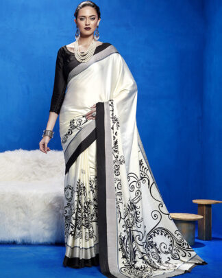 White And Black Printed Japan Satin Crepe Saree