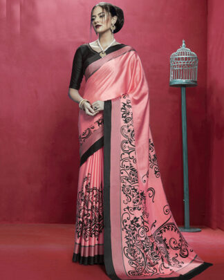 Pink Printed Japan Satin Crepe Saree