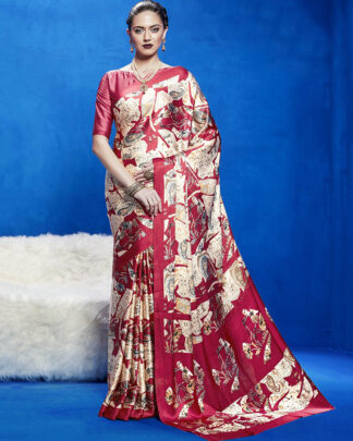 Beige And Red Printed Japan Satin Crepe Saree
