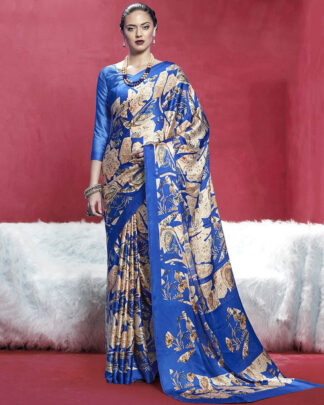 Beige And Blue Printed Japan Satin Crepe Saree