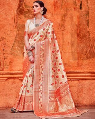 Beige And Red Bridal Designer Silk Saree