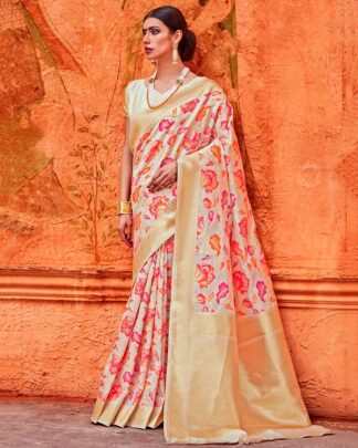Beige And Pink Bridal Designer Silk Saree