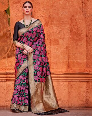 Pink And Black Bridal Designer Silk Saree