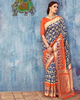 Blue And Orange Designer Bridal Silk Saree