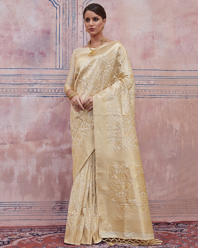 Beige Reception And Wedding Silk Saree