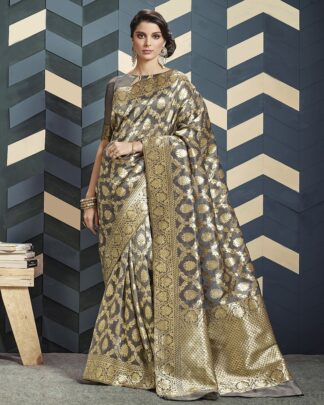 Gray Designer Bridal Organza Silk Saree