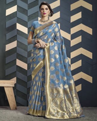 Gray Designer Bridal Organza Silk Saree
