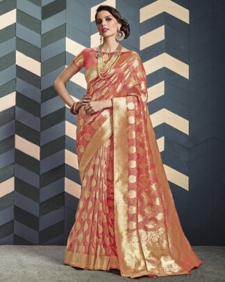 Peach Designer Bridal Organza Silk Saree