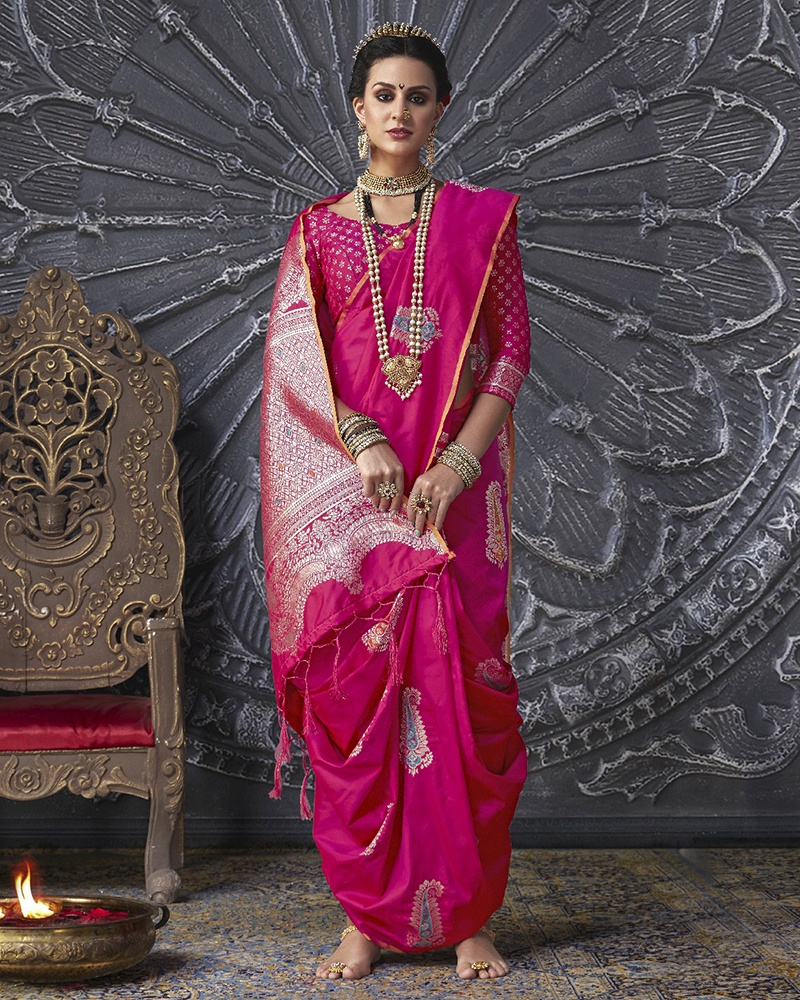 Magenta Wedding Silk Blend Saree - Image 2
