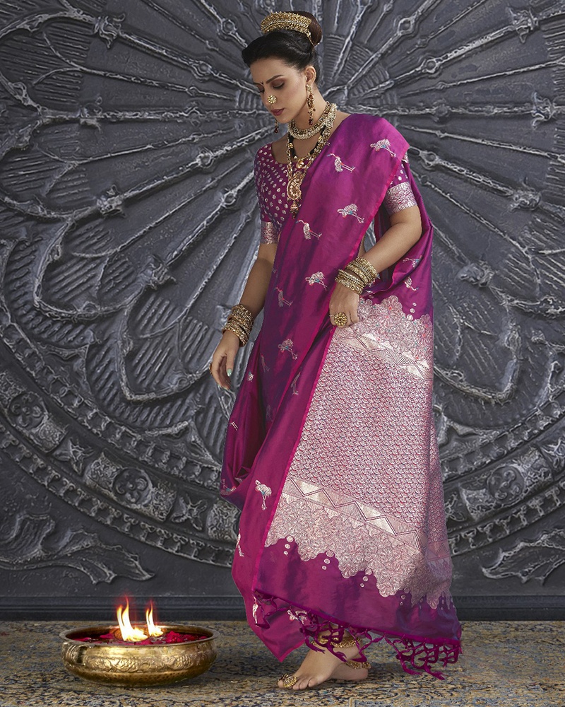Purple Wedding Silk Blend Saree - Image 2
