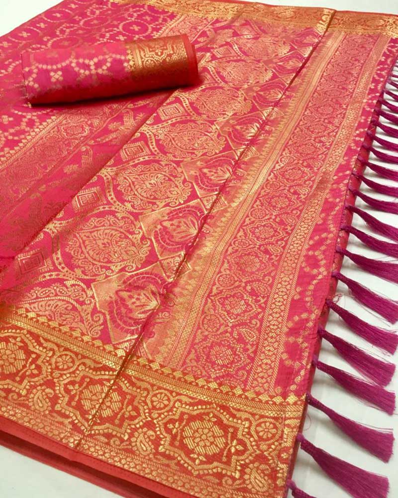 Peach Wedding Wear Silk Saree