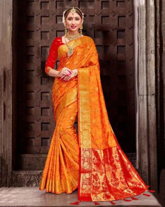 Tempting Peach Patola Silk Saree