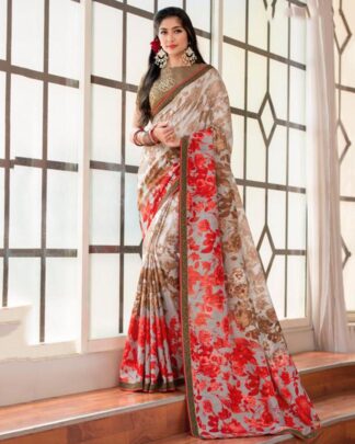 Flawless Beige And Red Katan Silk Saree