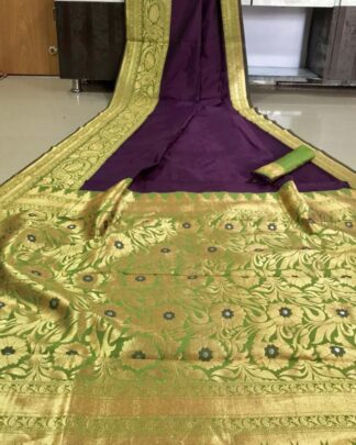 Purple And Green Banasari Soft Silk Saree
