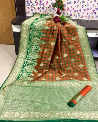 Orange And Red Banasari Handloom Weaving Silk Saree