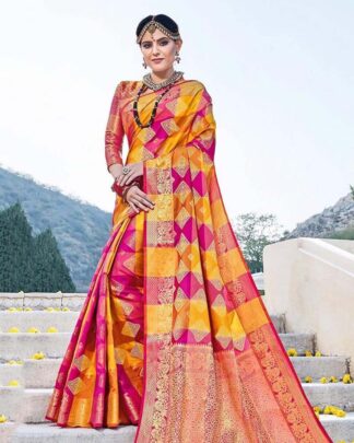 Yellow And Pink Kanchipuram Handloom Weaving Silk Saree