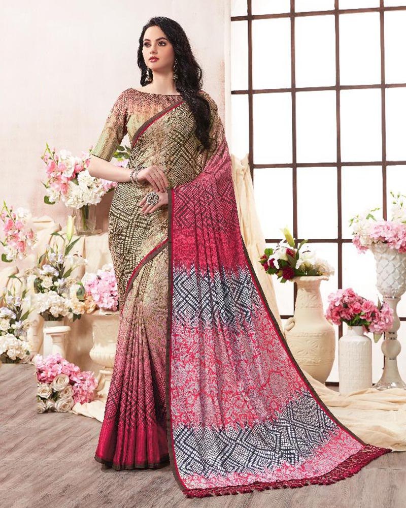 Topnotch Pink And Turquoise Digital Printed Saree