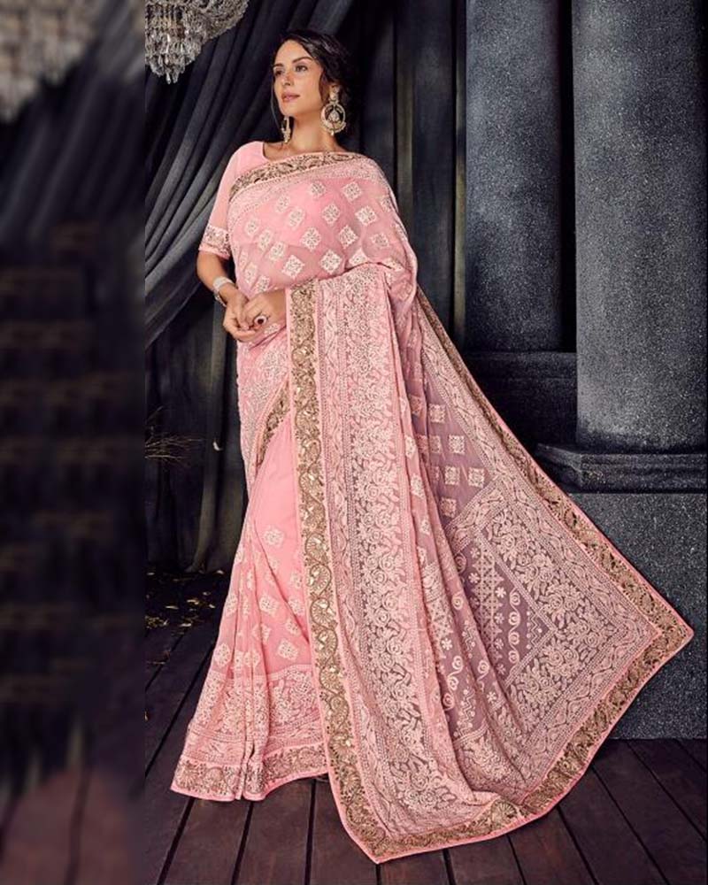 Topnotch Brown Pure Bemberg Lucknow Saree