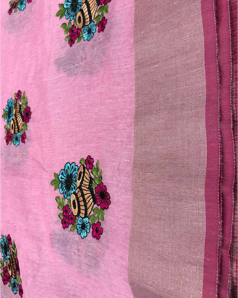 Pink Kashmiri Work Linen Saree - Image 2